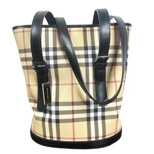 Burberry London Nova Check Classic Plaid Canvas Leather Bucket Bag Purse